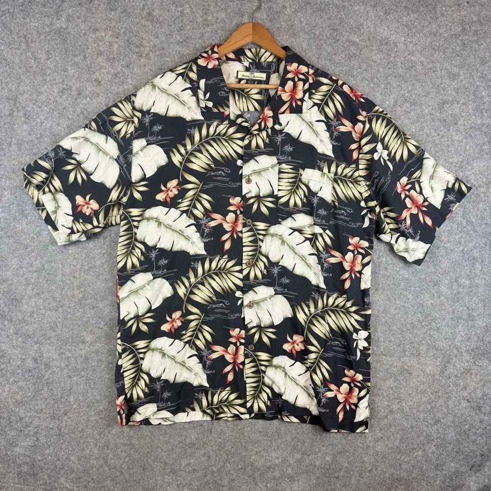 Tommy Bahama Shirt Mens XXL Black 100% Silk Floral Hawaiian Camp Loop Collar
